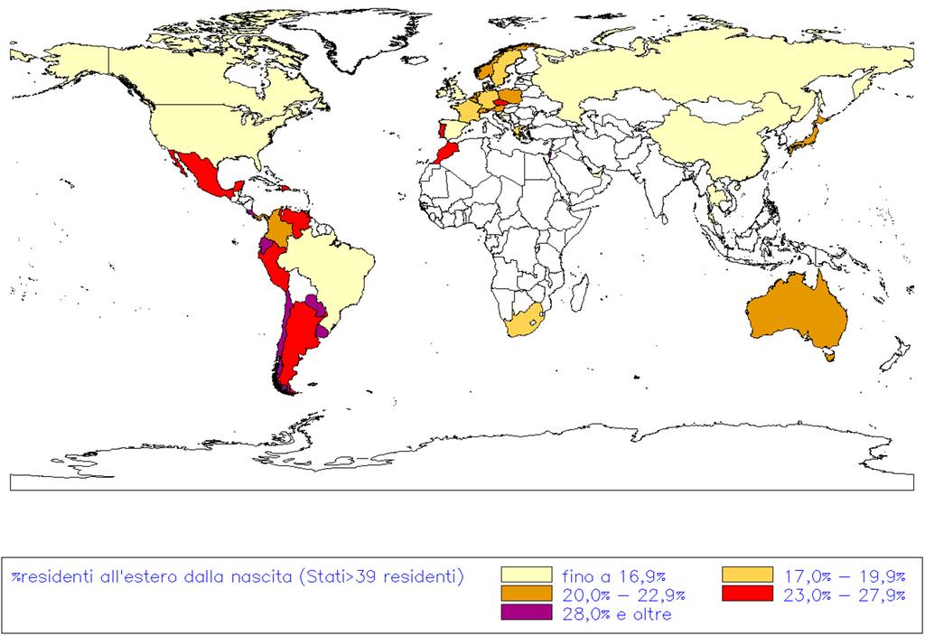 I residenti all'estero che non hanno mai vissuto in Italia Percentuale di italiani residenti all estero dalla nascita iscritti all AIRE del Comune di Bologna per nazione di residenza al 31 dicembre