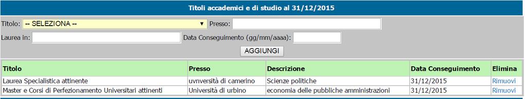 Qualora si voglia rimuovere un titolo, per qualsiasi ragione, cliccare su Rimuovi.