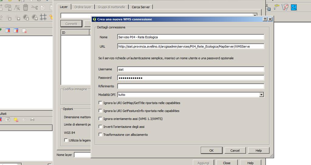 Servizio WMS tramite QGIS 54 (dipende dalla filtro di autenticazione abilitato o meno) Immettere come Username :