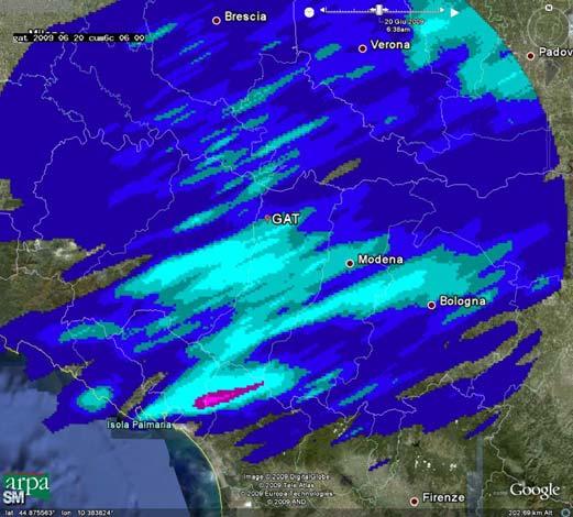4 Cumulate di precipitazione sull Emilia Romagna Mappa di precipitazione cumulata dalle 00 alle 06 UTC del 20 giugno 2009 (sinistra) e dalle 06 alle 12 UTC (destra).