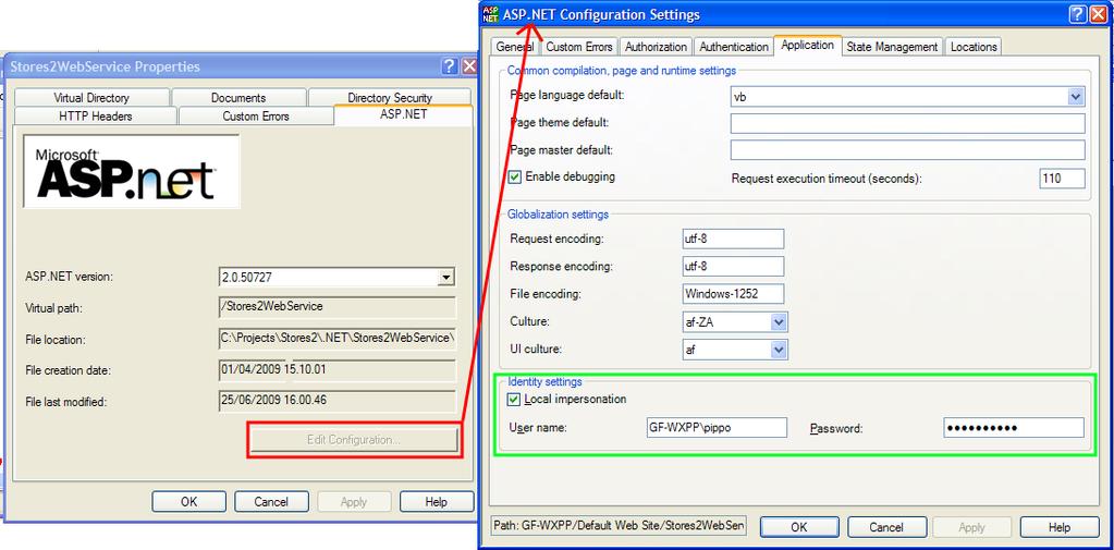 Fig.1 In rosso il tasto Edit configuration per accedere alla configurazione ASP.NET.