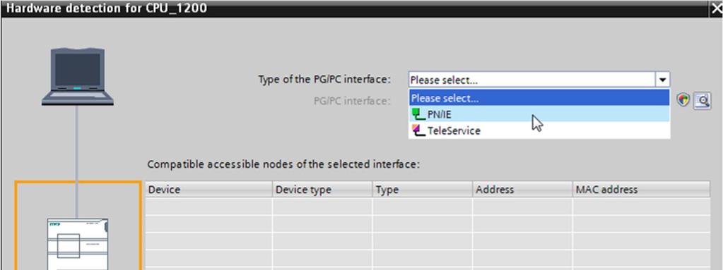 fi Selezionare innanzitutto il tipo di interfaccia PG/PC.