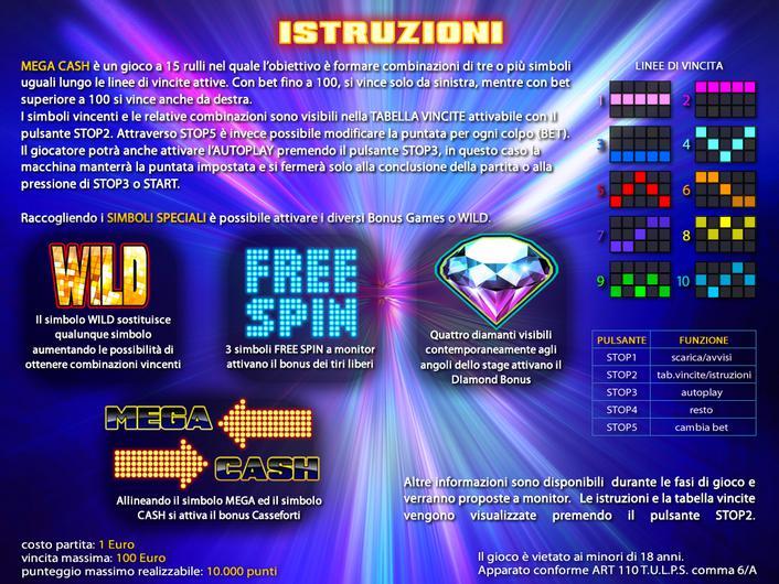 Giocando alla slot, tenendo premuto STOP2 viene visualizzata la tabella vincite relativa alla puntata, effettuata mediante STOP5. Premendo nuovamente STOP2 verranno visualizzate le istruzioni.