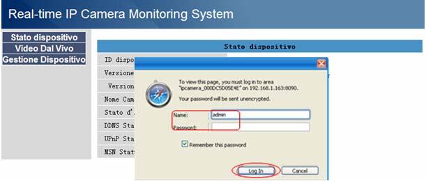 Inserire il nome utente e la password (l'utente predefinito è admin, lasciare vuoto il