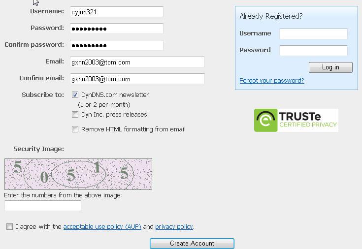 Riempire il nome utente, password e indirizzo e-mail Clicca qui per creare un account