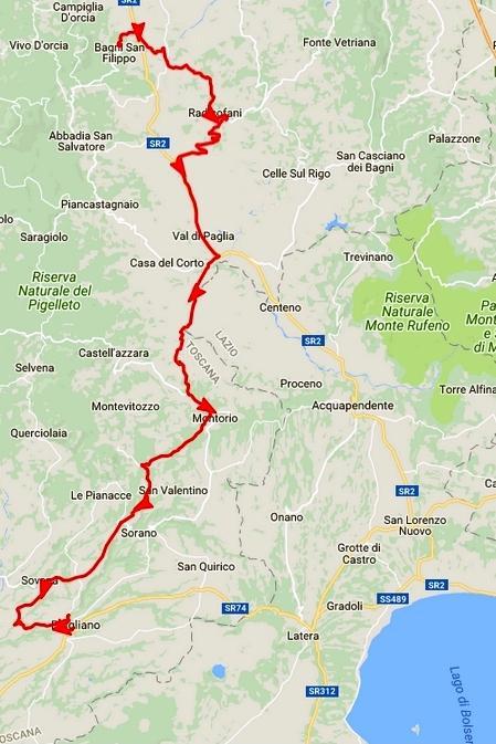 Martedì 29 maggio: 4 BAGNI SAN FILIPPO - PITIGLIANO 63 km D+ 934 Dopo Radicofani si riprende la via Francigena, si sfiora il confine con il Lazio