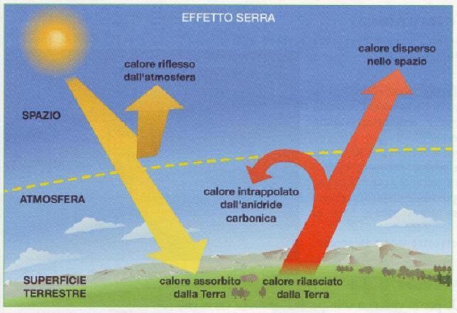 EFFETTO SERRA L'anidride carbonica (CO 2 ) impedisce al calore della Terra di disperdersi nello spazio. Essa funziona come i vetri che mantengono la giusta quantità di calore all'interno di una serra.