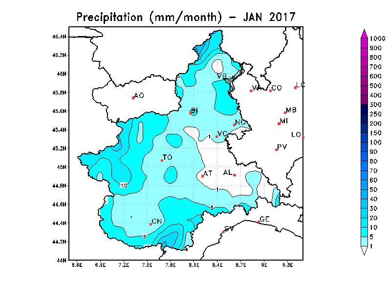 Precipitazioni e giorni piovosi di gennaio 2017 e media climatologica mm 90 80 70 60 50 40 30 20 10 0 AL AT BI CN NO TO VB VC 6 5 4 3 2 1 0 n giorni piovosi mm 1991_2015 mm 2017 Giorni piovosi