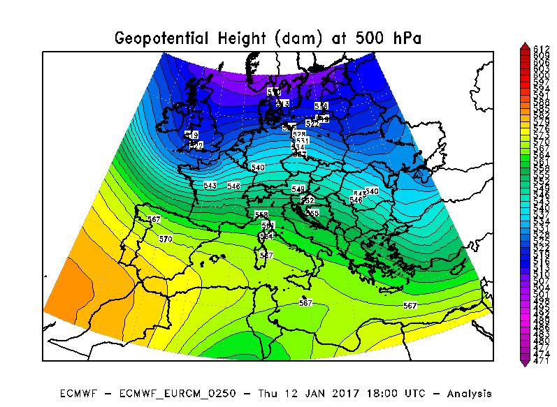 Figura 3 Altezza di geopotenziale a 500 hpa alle ore 12 UTC del 10 gennaio 2017 (sinistra) ed alle ore 18 UTC del 12 gennaio 2017 (destra).