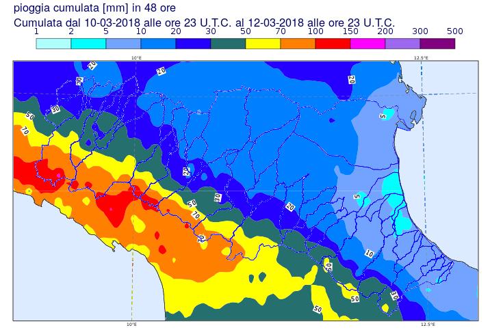 Tabella 3 Cumulate di precipitazione del 12/03/2018 > 50 mm DATI VALIDATI DATA PREC(mm) NOME STAZIONE COMUNE PROV 12/03/2018 58,00 Cabanne Rezzoaglio GE 12/03/2018 58,80 Lago Paduli Comano MS