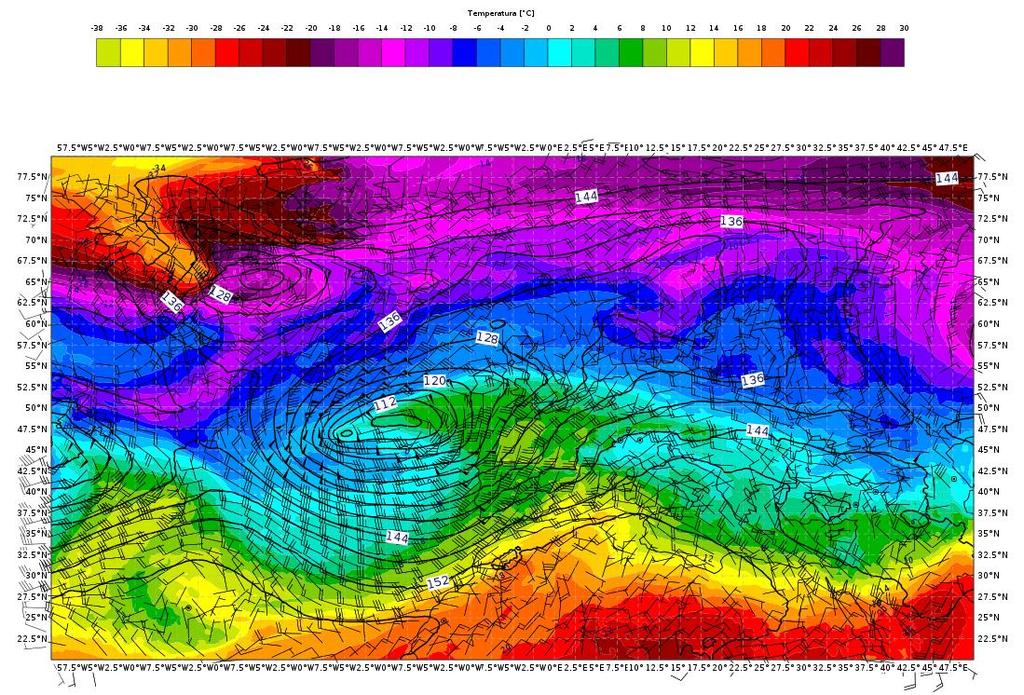 Mappe di analisi (da modello IFS-ECMWF) di geopotenziale, temperatura e vento a 850 hpa del 10/03/2018 alle 00:00 UTC.