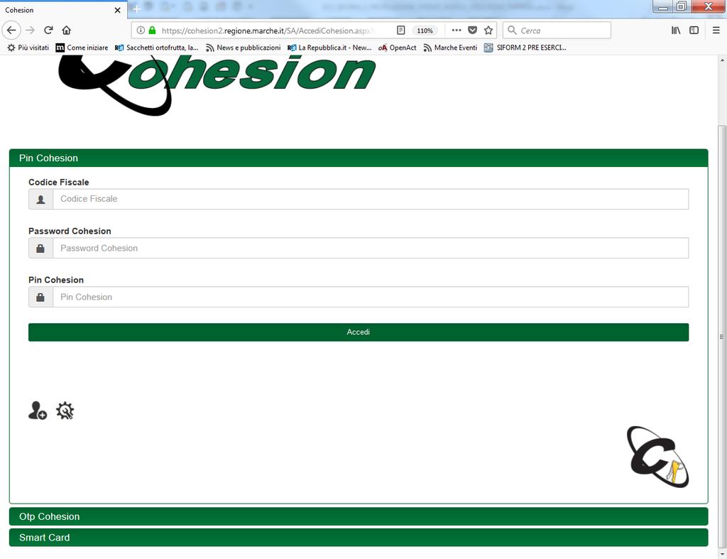 Viene mostrata la schermata relativa alle credenziali. Per autenticarsi con il PIN Cohesion compilare i campi Codice Fiscale, Password Cohesion e Pin Cohesion con le credenziali ricevute.