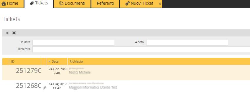 E possibile fare filtri per visualizzarli per data di apertura, stato della richiesta (aperto, chiuso o sospeso), testo della richiesta, e area prodotto (nel caso in cui si sia abilitati