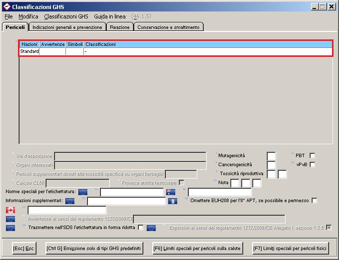 Inserite successivamente le indicazioni dei pericoli ai sensi del GHS oppure le frasi R ai sensi della DSD, in funzione delle informazioni che avete a disposizione.