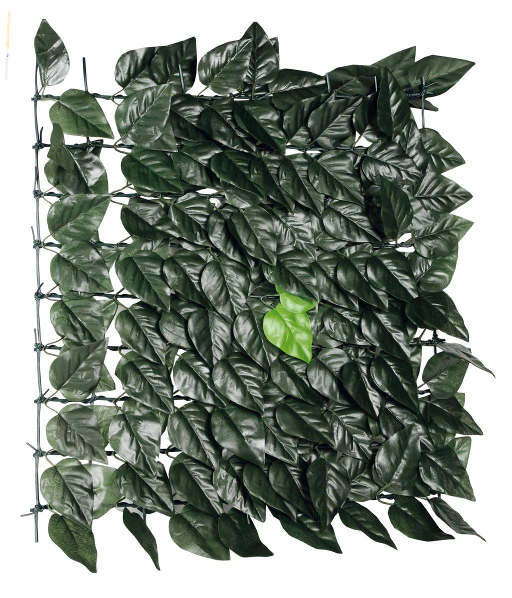 Ascot Schermatura totale composta da: foglie lauro in tessuto plasticato, col. verde scuro sostenute da una rete in plastica a maglia quadra.