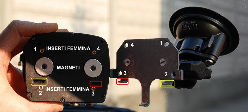 Punti di fissaggio Solo può essere fissato alla staffa di serie in due modi: utilizzando i due magneti ed allineando gli inserti sul retro del sistema ai corrispondenti fori sulla staffa; i magneti