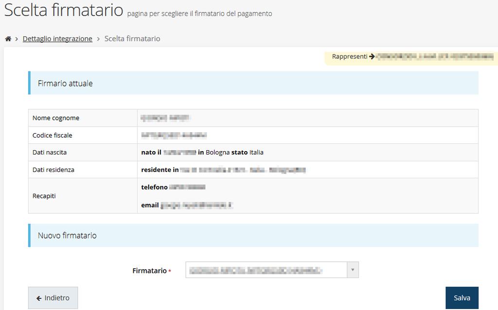 La videata che si apre, oltre a visualizzare i dati del firmatario attualmente selezionato, consente di selezionarne uno differente.