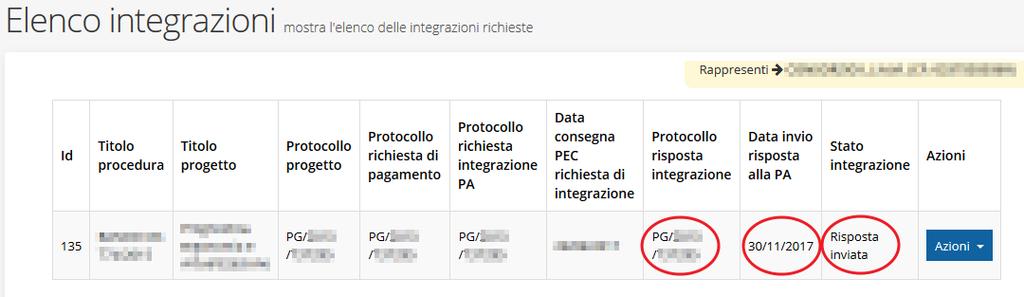 Figura 22 - Integrazione inviata alla pubblica amministrazione Nell elenco delle integrazioni (Figura 23) ora sono presenti i dati di invio della risposta appena spedita: lo stato dell integrazione è