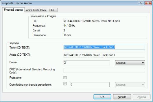 Musica 6.1.1 Personalizzazione delle proprietà del file audio È possibile visualizzare e/o modificare le proprietà dei file audio nelle schede Proprietà traccia, Indici, Limiti, Divis.