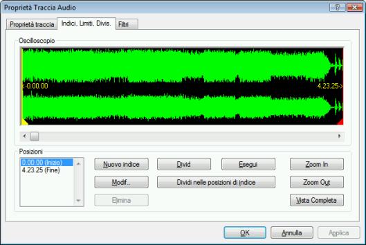Musica 6.1.1.2 Scheda Indici, Limiti, Divisioni Nella scheda Indici, Limiti, Divis. è possibile impostare ed eliminare gli indici e dividere i file audio per creare due o più file più brevi.