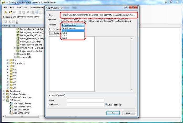 nella casella deputata alla scelta delle opzioni denominata Version si deve inserire il valore relativo alla versione del servizio; nel caso si utilizzi il software ArcMAP vers. 10 va indicato il 1.3.