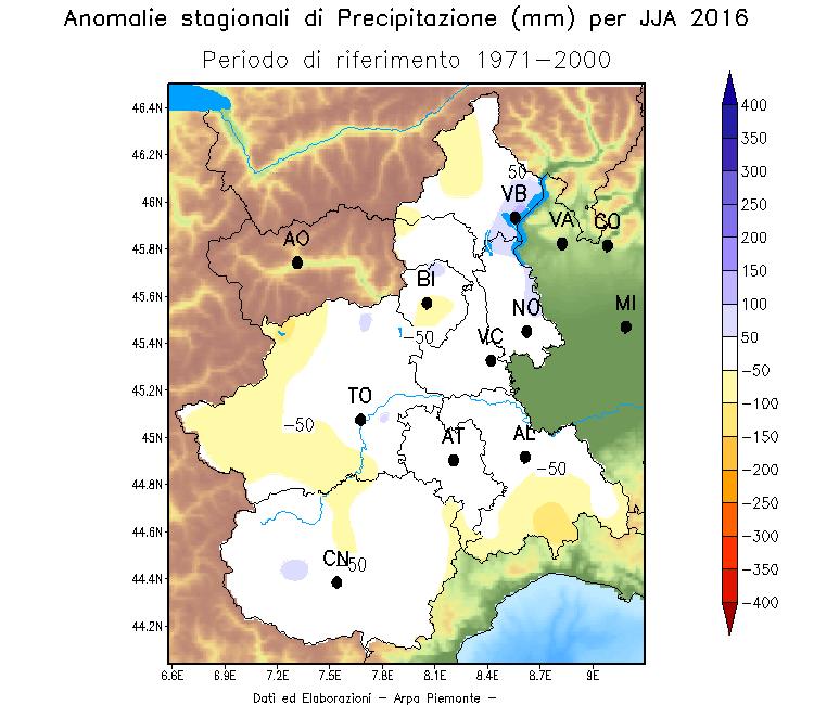Nei capoluoghi di provincia (Figura 13) le precipitazioni sono state superiori alla media 1991-2015 a Boves (CN), Cameri (NO), Torino e a Pallanza (VB), inferiori ad Alessandria, Asti e Biella e