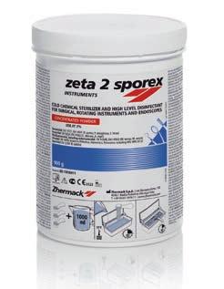 ZETA 2 SPOREX è indicato per la detersione, la disinfezione ad alto livello e la sterilizzazione chimica a freddo dello strumentario odontoiatrico (bisturi, pinze, pinzette, frese, specchietti,