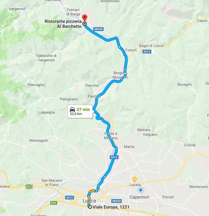 A11: prendere l'uscita Lucca Est e proseguire per Castelnuovo Garfagnana, continuare sulla SS 12 poi SP 20/Lodovica fino al ritrovo al ristorante Al Barchetto NEGOZI DI PESCA NELLE VICINANZE DA