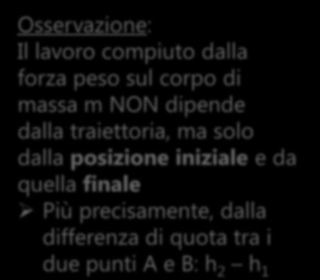 LAVORO DELLA FORZA PESO x Osservazione: Il lavoro compiuto dalla forza peso sul corpo di massa m NON dipende dalla traiettoria, ma solo dalla posizione