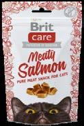 Meaty Salmon Alimenti complementari per gatti. Puro spuntino di carne senza cereali. Ingredienti: salmone puro, amido di piselli, glicerina vegetale.