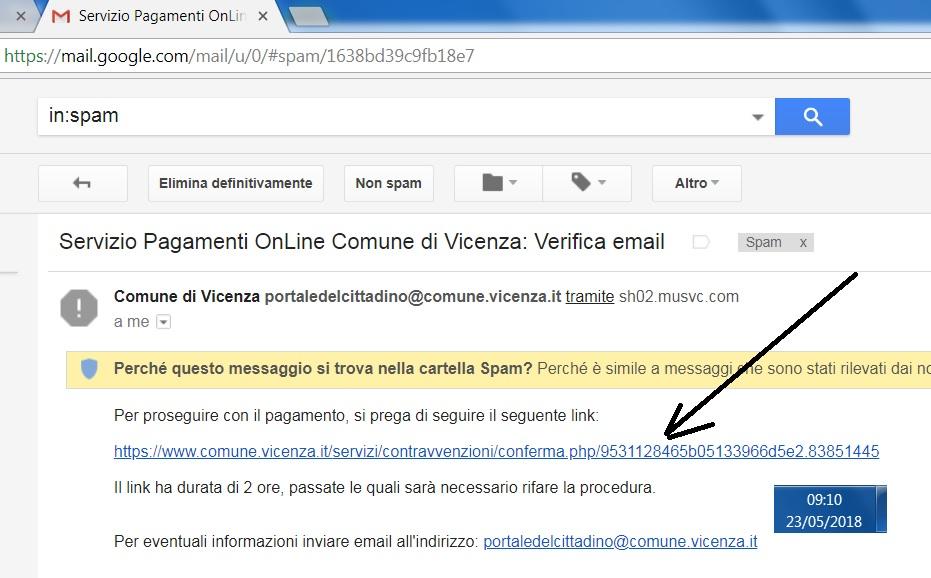 dell avvenuto pagamento. (foto 020_07a) Aprire l e-mail del Comune di Vicenza (portaledelcittadino@) e cliccare sul link. ATTENZIONE: l uso del link vale una volta sola.