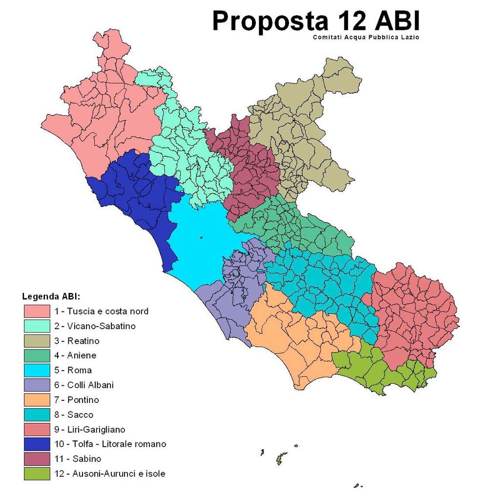 Proposta di identificazione di 12 nuovi ambiti di bacino idrografico 12 ABI NOME ABI residenti nr. 1/1/2013 Comuni kmq Dens. 1 TUSCIA E COSTA NORD 175.657 27 2.248 78 2 VICANO-SABATINO 239.852 46 1.