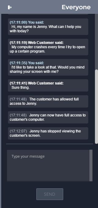 Chat con l utente remoto dalla console del tecnico di supporto Web Per l'intera durata della sessione, il tecnico di supporto può chattare con il cliente remoto.