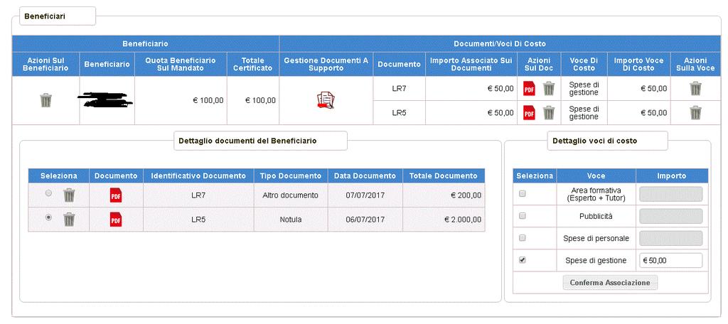 bisognerà reinserirlo. E possibile cancellare il documento dalla lista solo se non ci sono associate voce di costo per il beneficiario/documento in lavorazione.