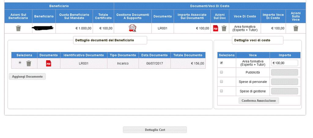 ATTENZIONE: per visualizzare i dettagli delle associazioni alle voci di costo salvate, l utente deve selezionare lo specifico documento.