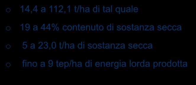 ATTIVITÀ COLTURE BIOENERGETICHE FILIERA BIOMASSA ENERGIA Sorgo da biomassa: parametri produttivi osservati o o o o 14,4 a 112,1 t/ha di tal quale 19 a 44% contenuto di sostanza