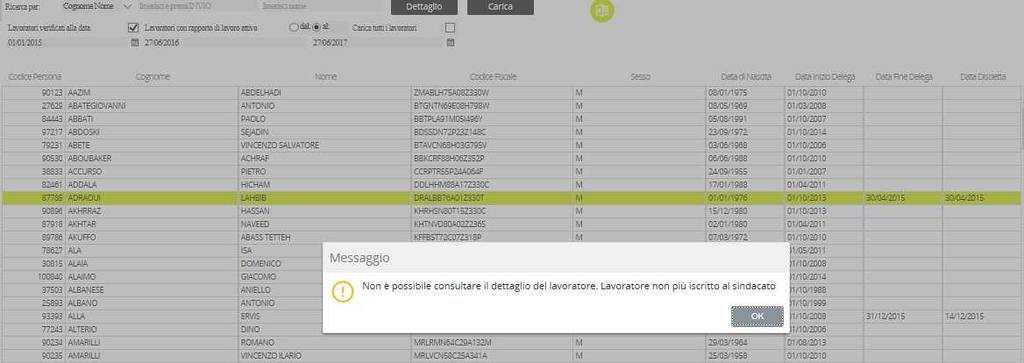 Importante! Il sistema in apertura propone la visualizzazione di n. 500 lavoratori (in ordine alfabetico) con la possibilità di estendere la ricerca, spuntando la casella carica tutti i lavoratori.