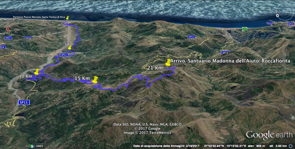 Dalla partenza fino al Km 5, praticamente a Scifì (frazione di Forza d Agrò), si passa dal livello del mare fino a circa 135 mt sl con una pendenza media del 2.7%.