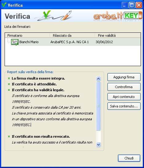 Esempio di menu per la verifica del certificato di autenticazione e firma rilasciato da Aruba. 1.