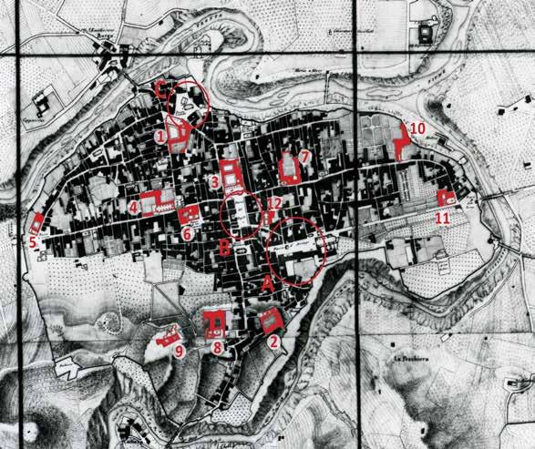 Fig.1 Carta topografica della città di Ascoli Piceno con indicazione dei Monasteri esistenti prima del periodo soppressivo, 1845 c.: A) Piazza Arringo; B) Piazza del Popolo; C) Piazza SS.