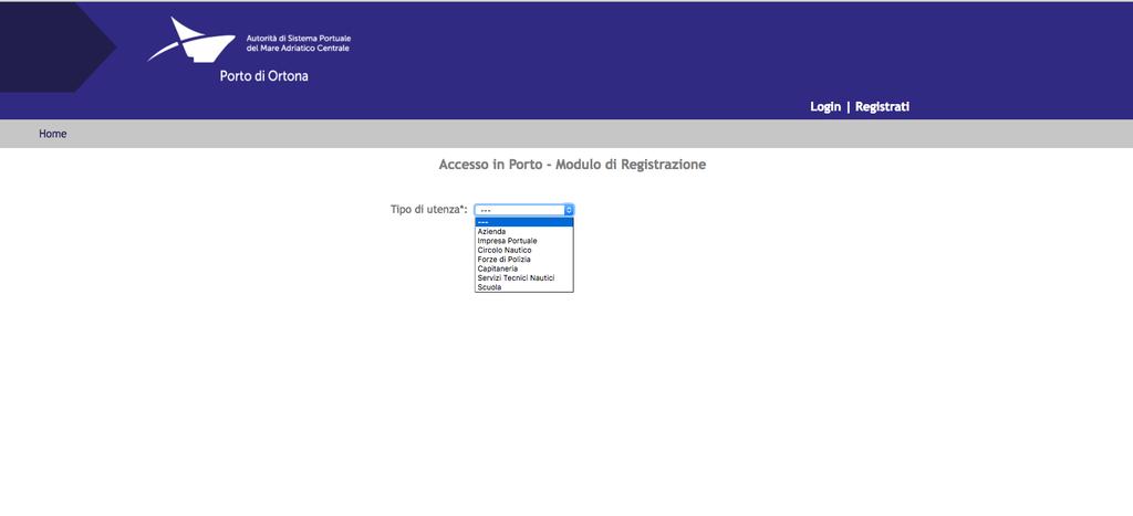 In fase di registrazione si deve selezionare la categoria alla quale si appartiene: Azienda Impresa portuale Circolo Nautico Forze di Polizia Capitaneria Servizi tecnici Nautici Scuola