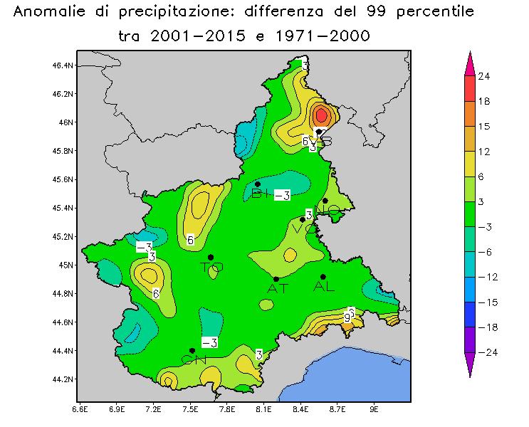 Precipitazioni intense Aumento delle piogge intense Trend significativo dei valori massimi giornalieri degli ultimi 60 anni Distribuzione delle aree con