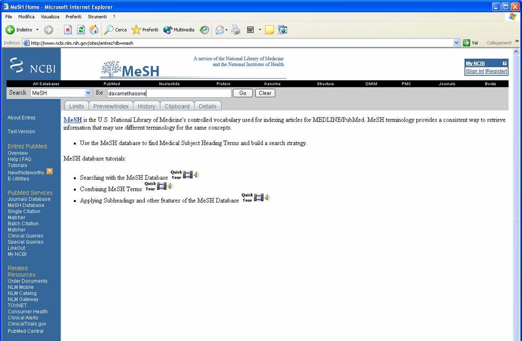Click su MeSH database Siamo in effetti entrati nel MeSH