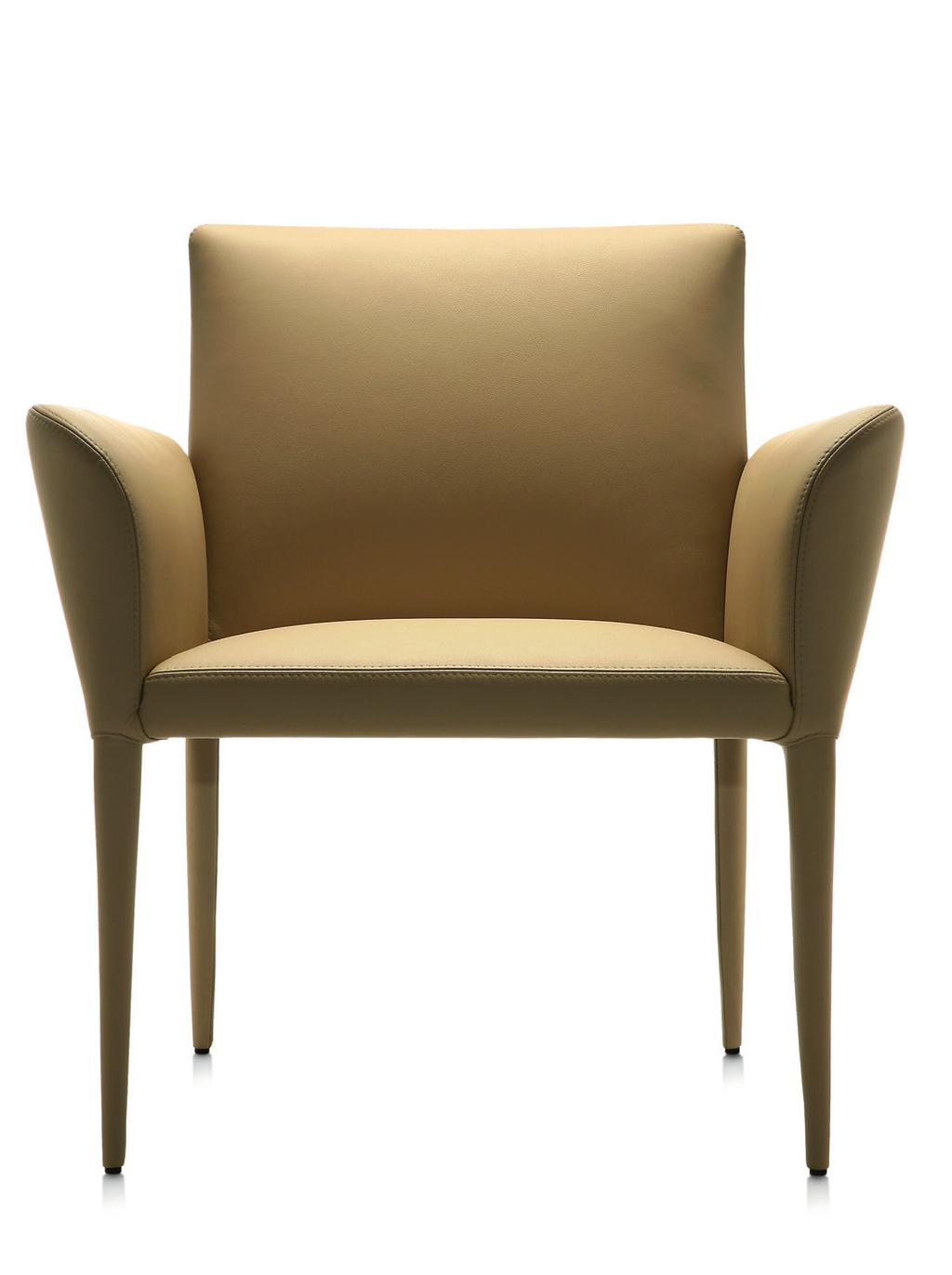 Padded lounge armchair, fully upholstered with leather or fabric. Flexible back with harmonic steel blades. Steel frame.