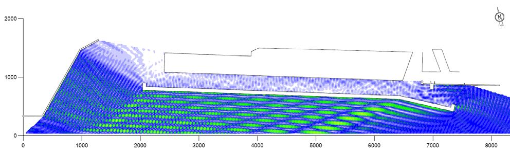 Figura 12.5 - Propagazione dell onda all interno del canale di calma - Layout 1 (stato di fatto )- Onda incidente per un Tr=200 anni: H s =3.9 m - T p =9.