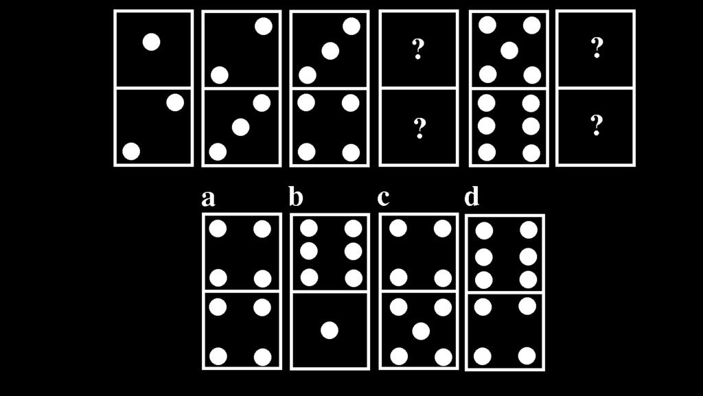 RSB0079 Quali tessere del domino devono essere inserite nell ordine al posto dei punti interrogativi? a) d; a. b) b; d. c) a; c. d) c; b.