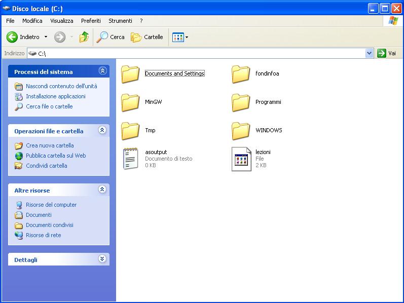 Esplora Risorse: Accesso al File System (1) Doppio click con il tasto sinistro del mouse sull icona del disco per accederne il contenuto Esplora Risorse: Accesso al File System (2)