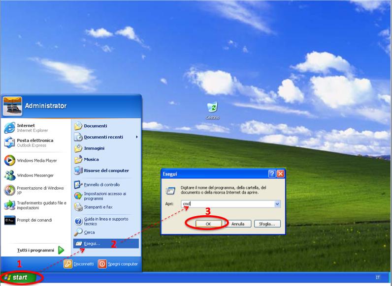Console Comandi di Windows XP: Avvio Per lanciare la console comandi di XP, cliccare su start Esegui.