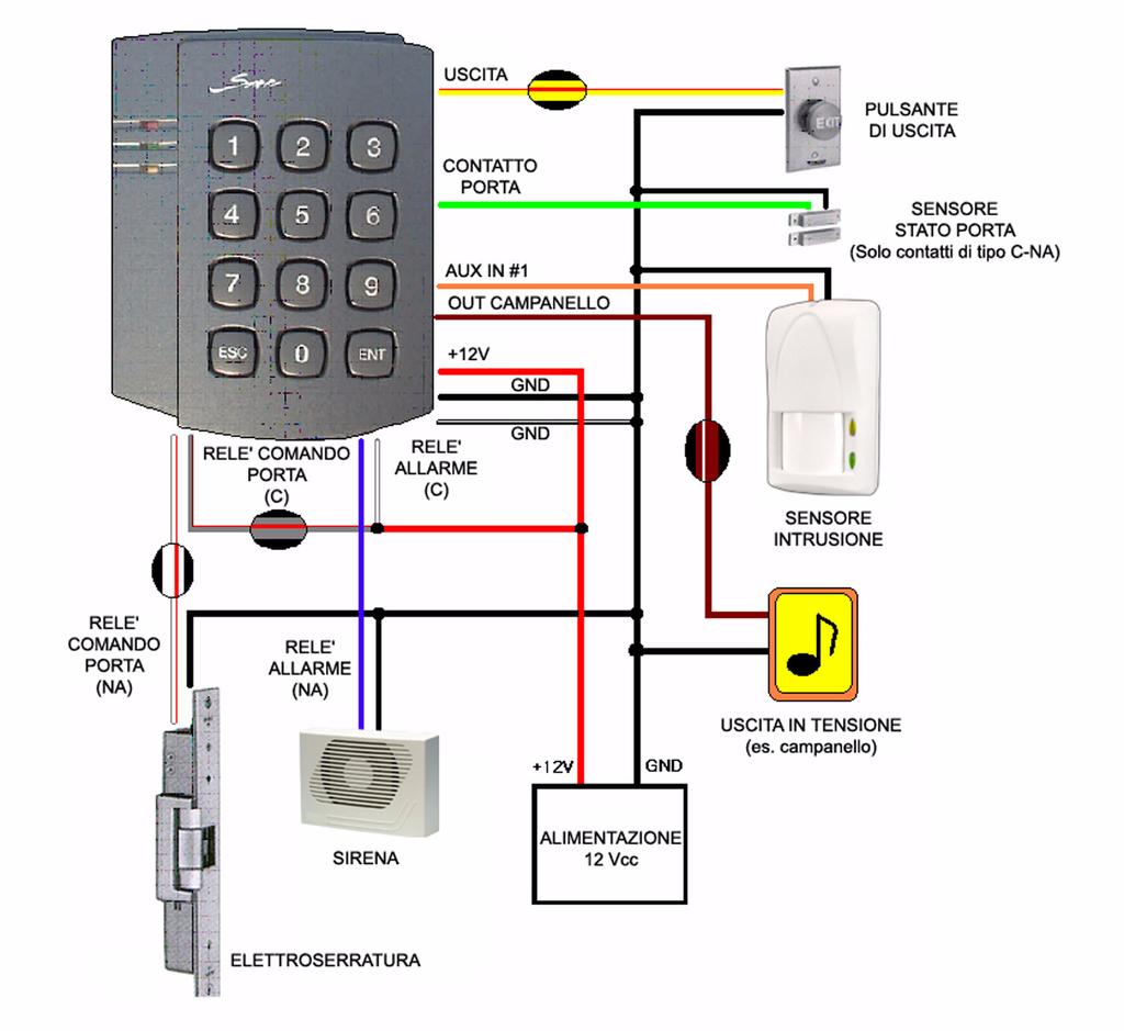 STAR100R - MANUALE TECNICO 4.2 Diagrammi di collegamento al terminale Alimentazione Connettere il cavo (+) dell alimentazione +12Vcc ai cavi rosso e rosso con striscia bianca del teminale.