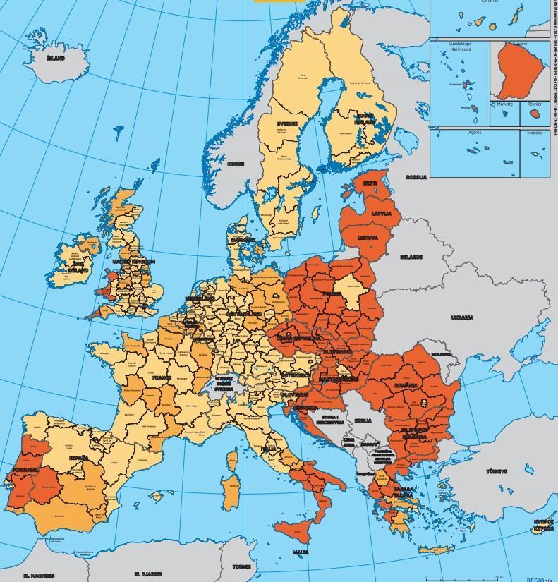 La Politica di coesione Regioni meno sviluppate (PIL pro capite < 75 % della media UE a 28) Regioni in transizione (PIL